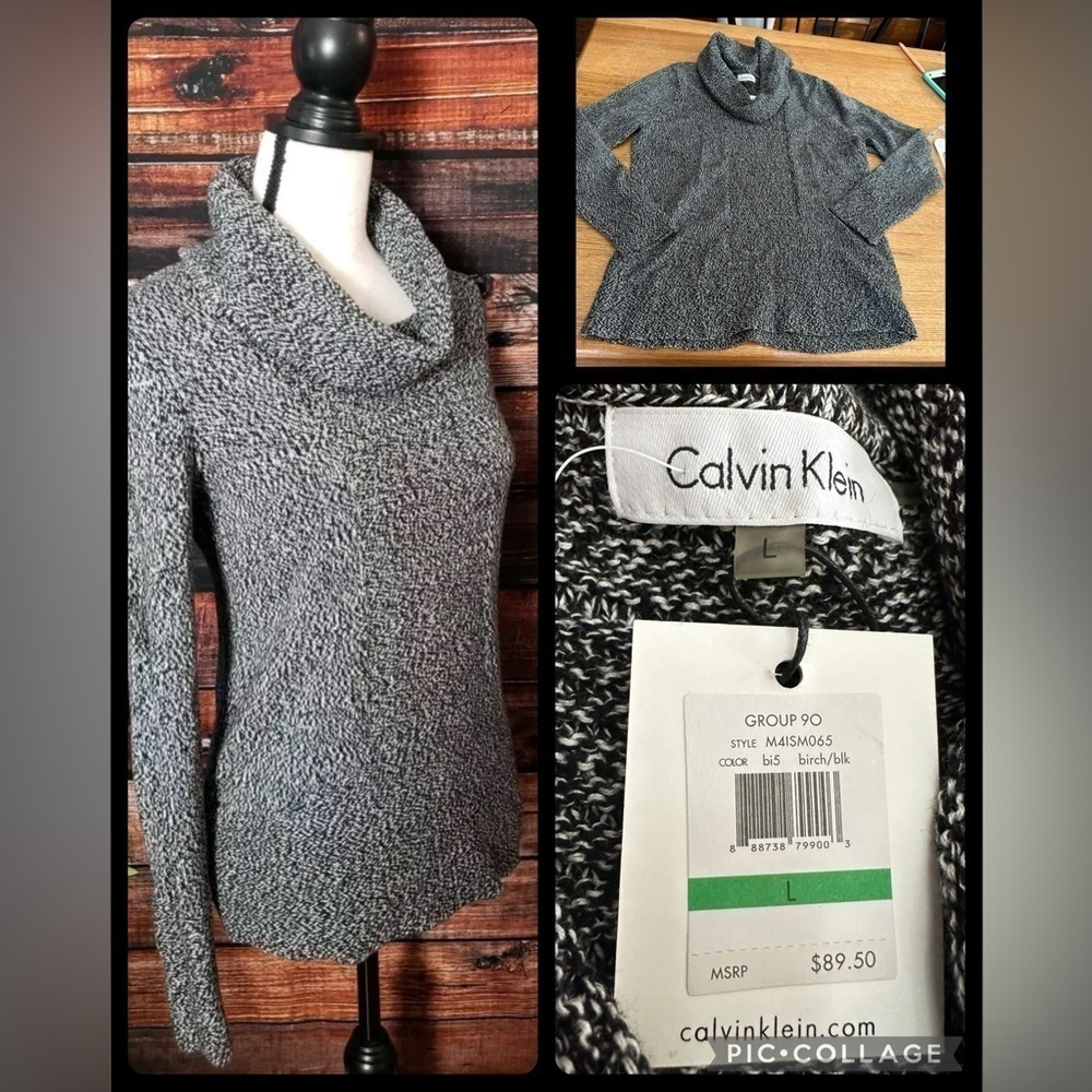 Calvin Klein NWT black and white knit cowl neck pullover sz L, 21” P2P